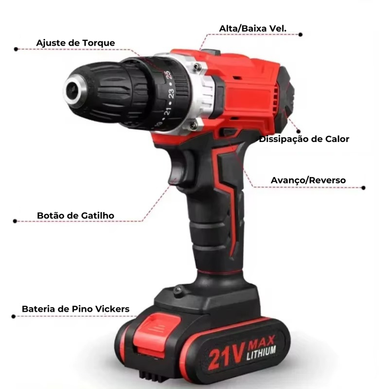 Parafusadeira Elétrica Sem Fio 21V